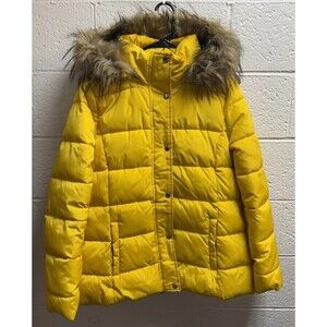 Tommy Hilfiger Yellow Puffy Jacket Hooded Removable Faux Fur Trim Sz M